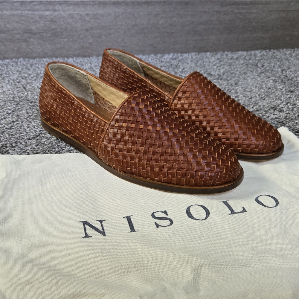 Nisolo Woven Leather Flats in Cognac Brown